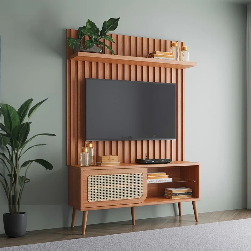Rack com Painel para TV 139cm Até 55 Polegadas 1 Porta com Palha Natural e Ripado Freijó - Dalla Costa — foto 1