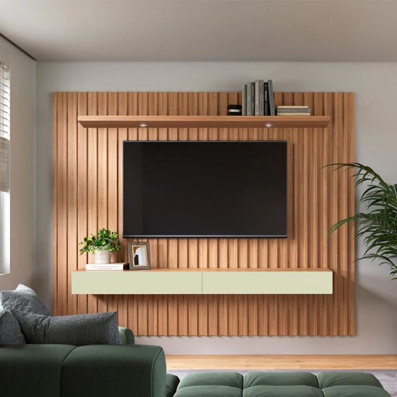 Painel para TV Até 75 Polegadas 2 Gavetas com Led 228cm Ripado Freijó/Off White - Dalla Costa — foto 1
