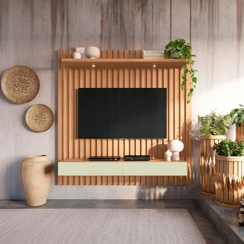 Painel para TV Até 75 Polegadas 2 Gavetas com Led 183cm Ripado Freijó/Off White - Dalla Costa — foto 1
